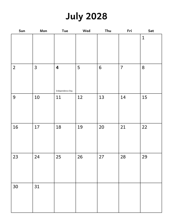 Printable July 2028 calendar, holidays layout, week starting Sunday