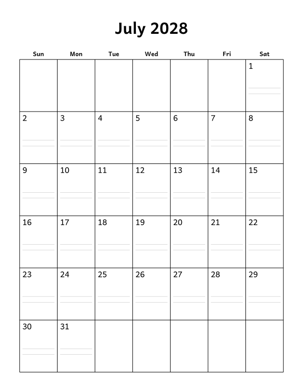 Printable July 2028 calendar, notes layout, week starting Sunday