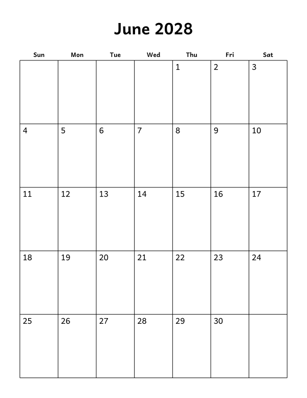 Printable June 2028 calendar, blank layout, week starting Sunday