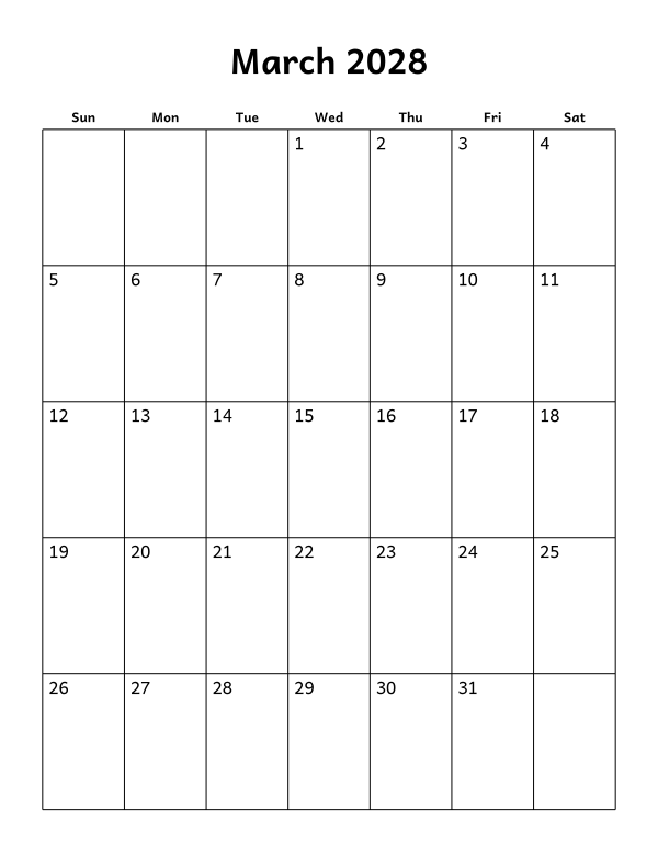 Printable March 2028 calendar, blank layout, week starting Sunday