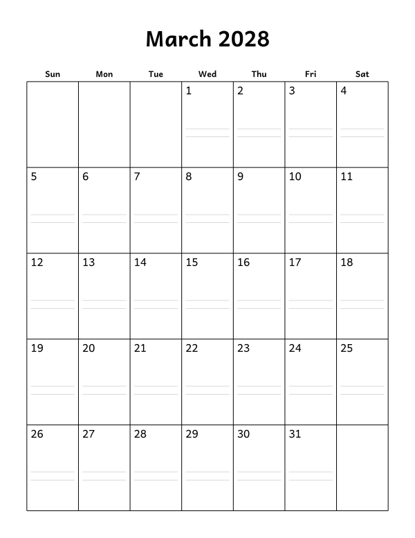 Printable March 2028 calendar, notes layout, week starting Sunday