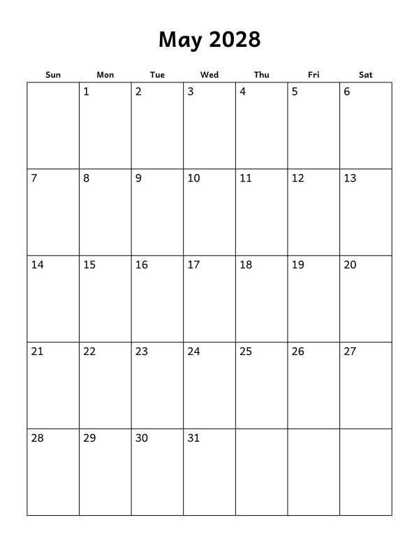 Printable May 2028 calendar, blank layout, week starting Sunday