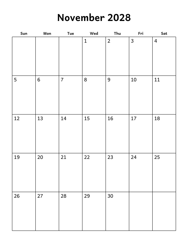 Printable November 2028 calendar, blank layout, week starting Sunday
