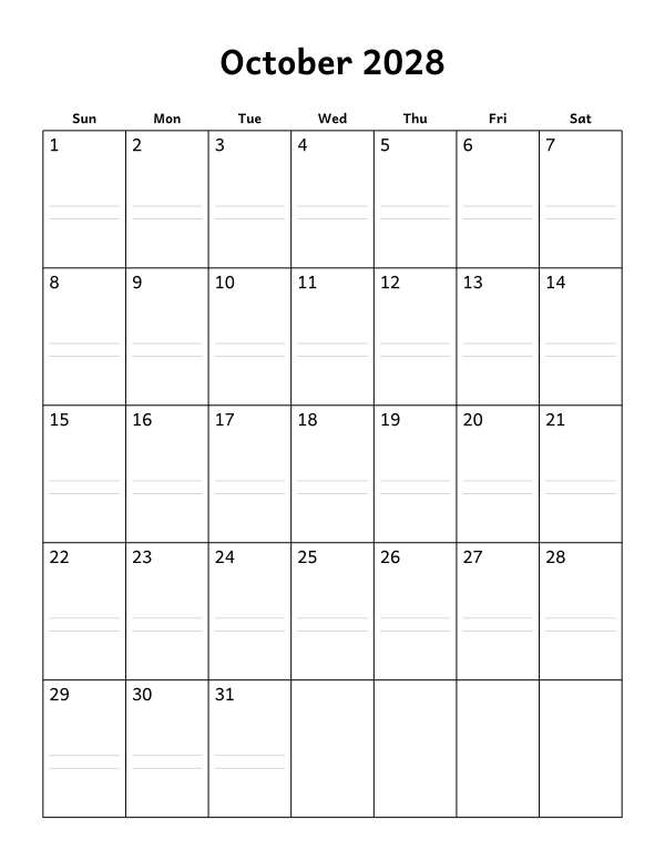 Printable October 2028 calendar, notes layout, week starting Sunday