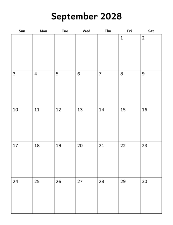 Printable September 2028 calendar, blank layout, week starting Sunday
