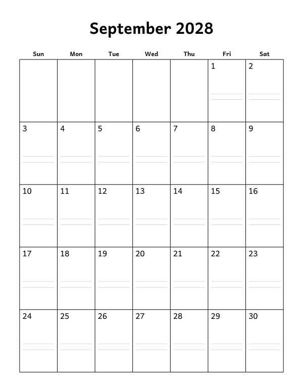 Printable September 2028 calendar, notes layout, week starting Sunday