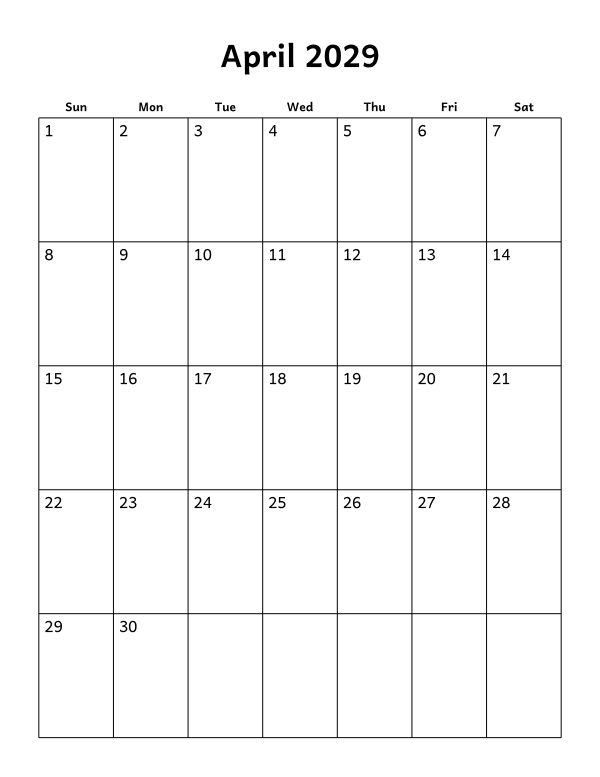 Printable April 2029 calendar, blank layout, week starting Sunday