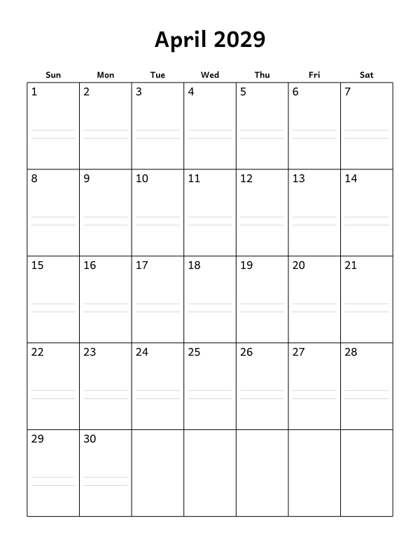 Printable April 2029 calendar, notes layout, week starting Sunday
