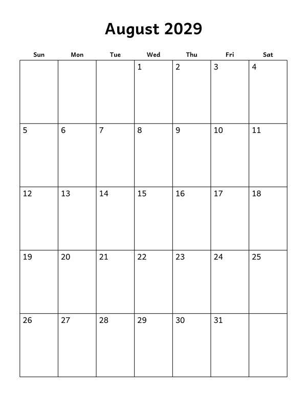 Printable August 2029 calendar, blank layout, week starting Sunday