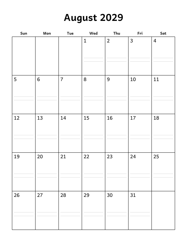 Printable August 2029 calendar, notes layout, week starting Sunday