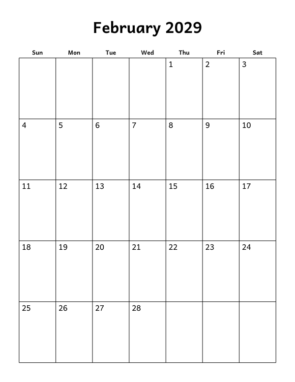 Printable February 2029 calendar, blank layout, week starting Sunday