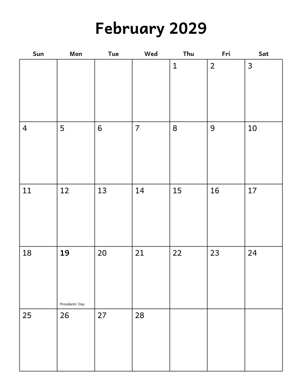 Printable February 2029 calendar, holidays layout, week starting Sunday
