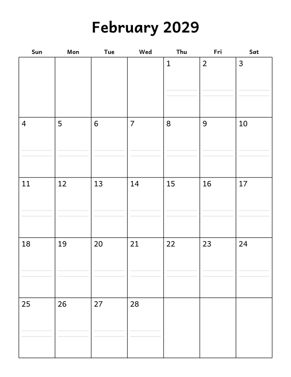 Printable February 2029 calendar, notes layout, week starting Sunday