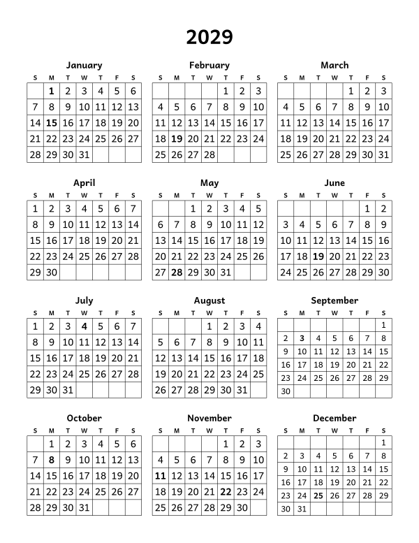 Printable 2029 year-at-a-glance calendar, twelve months on one page, week starting Sunday