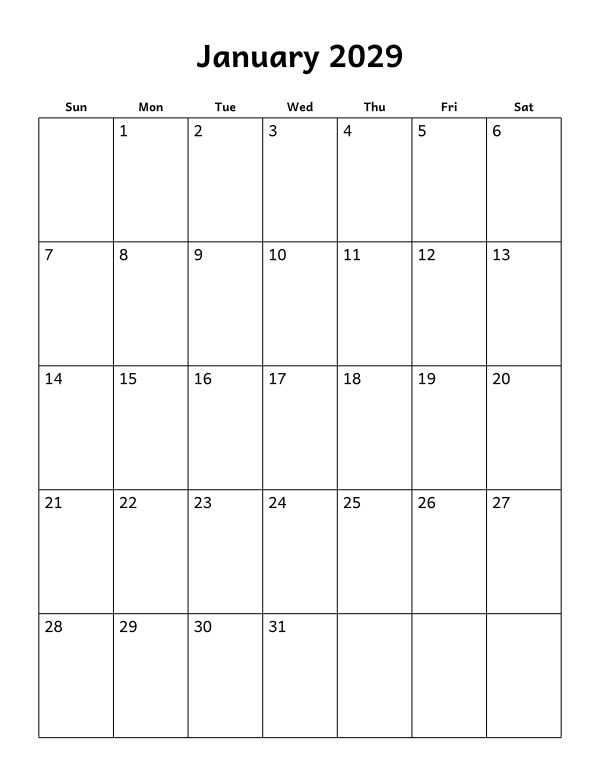 Printable January 2029 calendar, blank layout, week starting Sunday