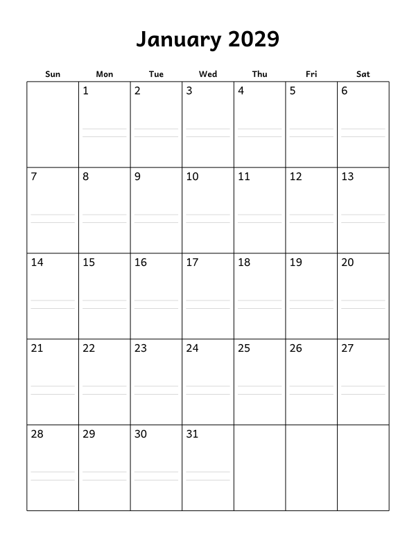 Printable January 2029 calendar, notes layout, week starting Sunday