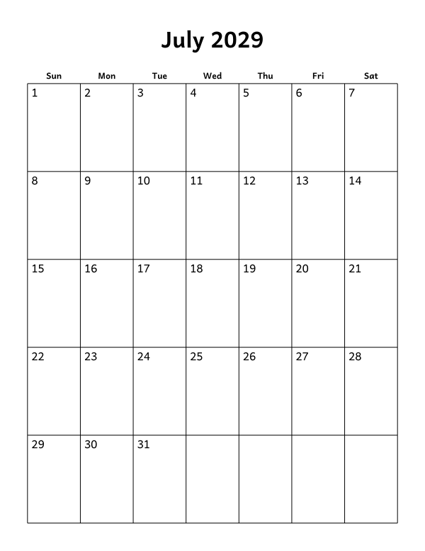 Printable July 2029 calendar, blank layout, week starting Sunday