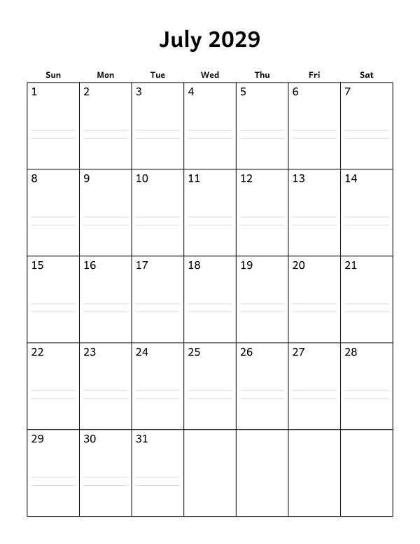 Printable July 2029 calendar, notes layout, week starting Sunday