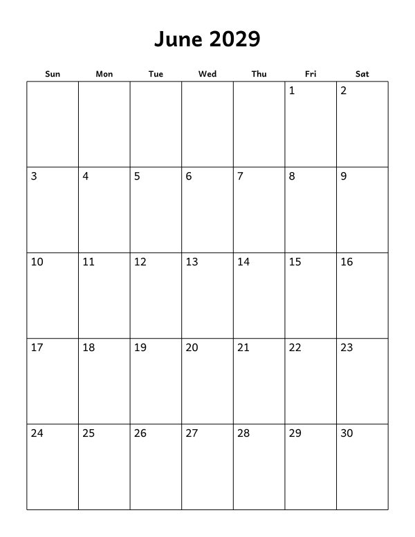 Printable June 2029 calendar, blank layout, week starting Sunday