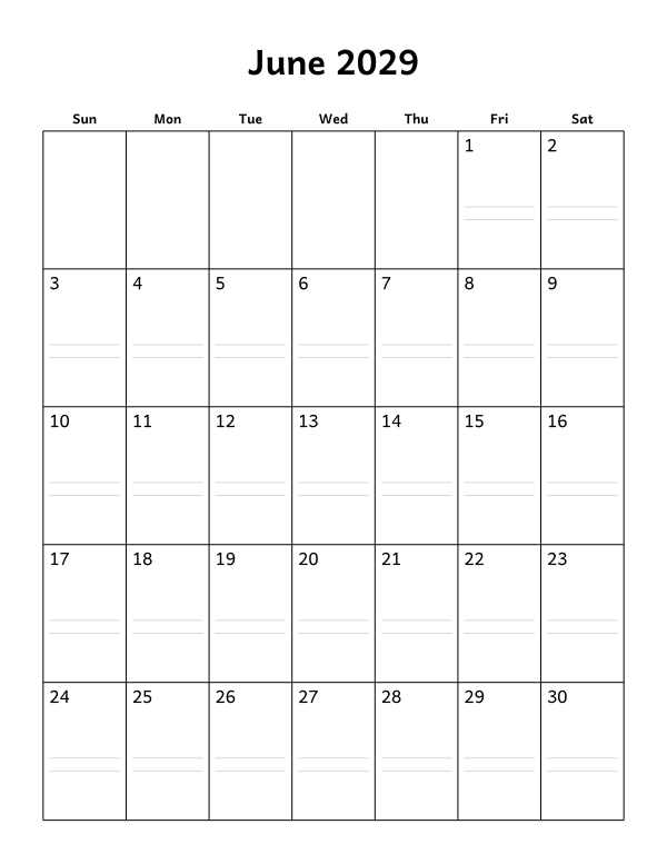 Printable June 2029 calendar, notes layout, week starting Sunday