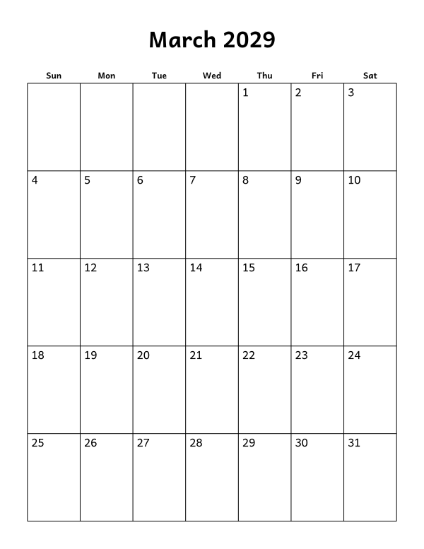Printable March 2029 calendar, blank layout, week starting Sunday