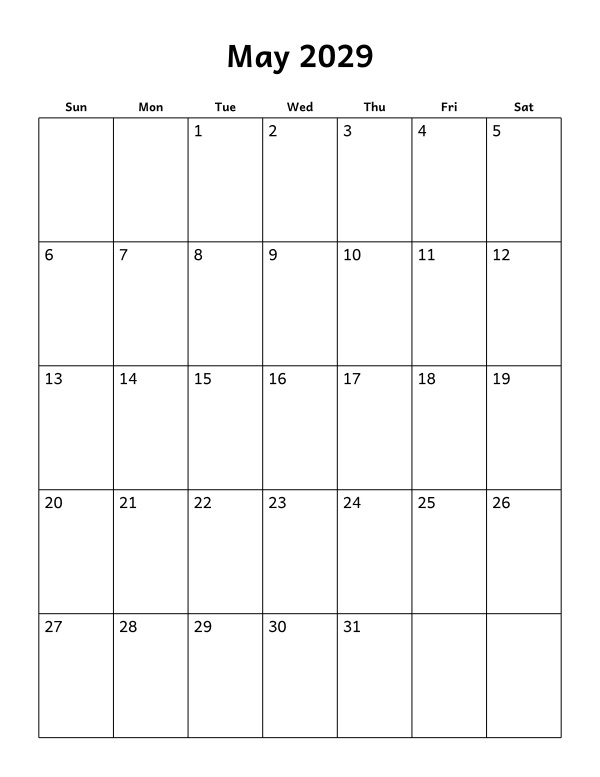 Printable May 2029 calendar, blank layout, week starting Sunday