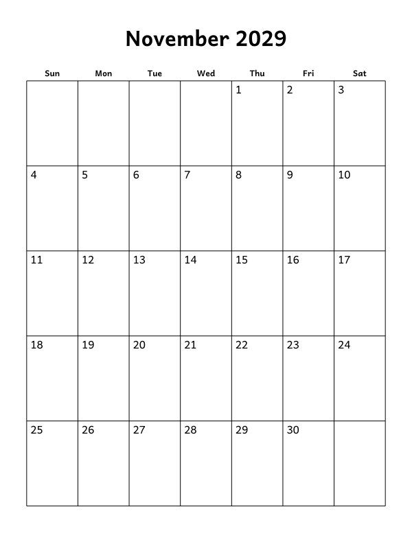 Printable November 2029 calendar, blank layout, week starting Sunday