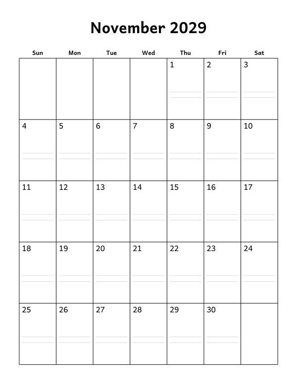 Printable November 2029 calendar, notes layout, week starting Sunday