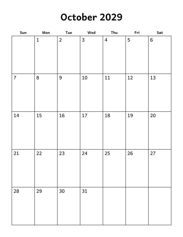 Printable October 2029 calendar, blank layout, week starting Sunday