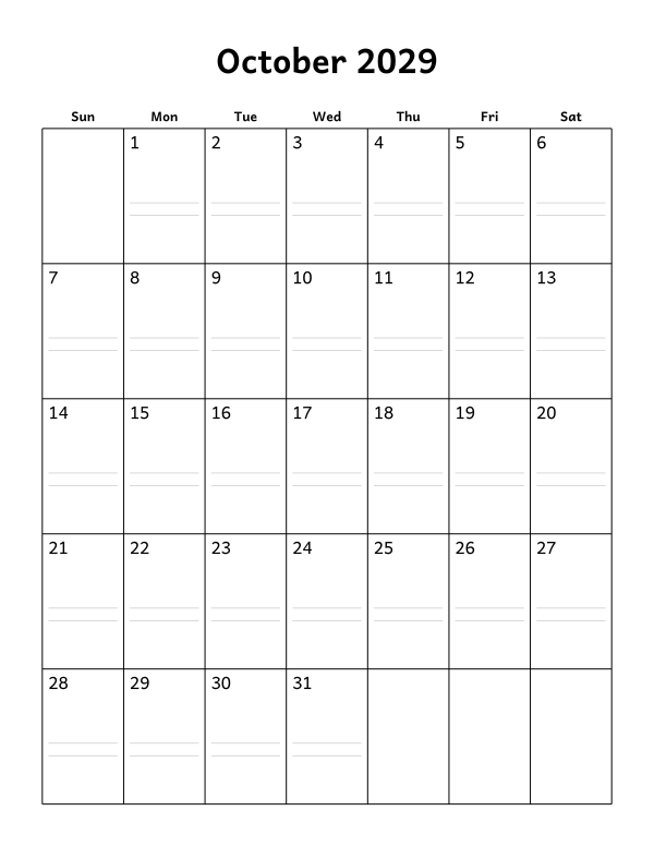 Printable October 2029 calendar, notes layout, week starting Sunday