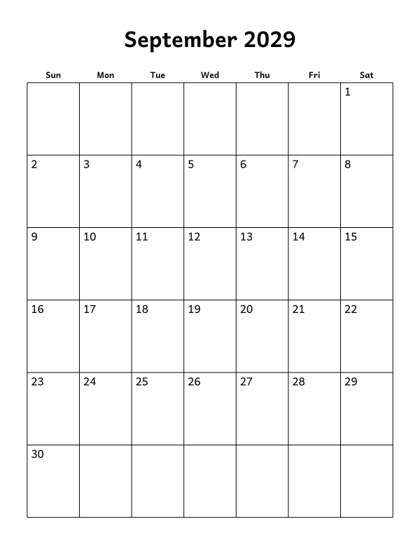 Printable September 2029 calendar, blank layout, week starting Sunday