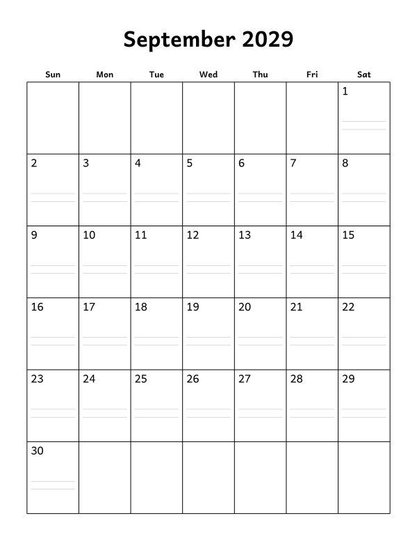 Printable September 2029 calendar, notes layout, week starting Sunday