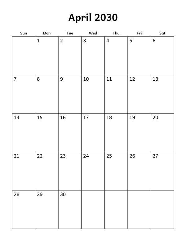 Printable April 2030 calendar, blank layout, week starting Sunday