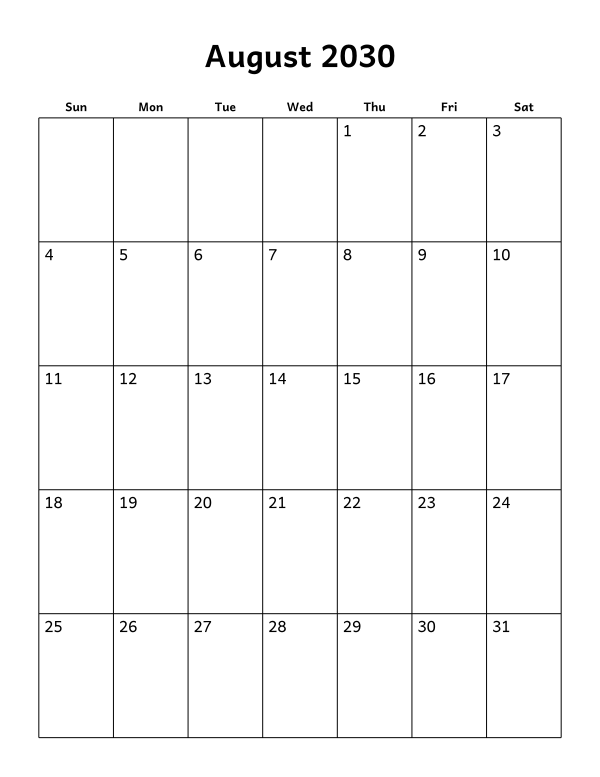 Printable August 2030 calendar, blank layout, week starting Sunday