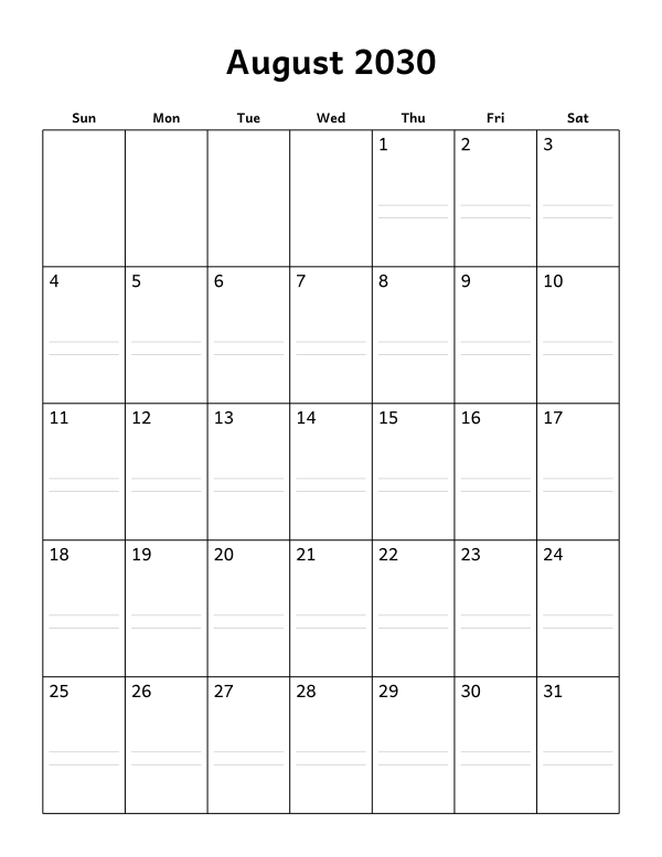 Printable August 2030 calendar, notes layout, week starting Sunday