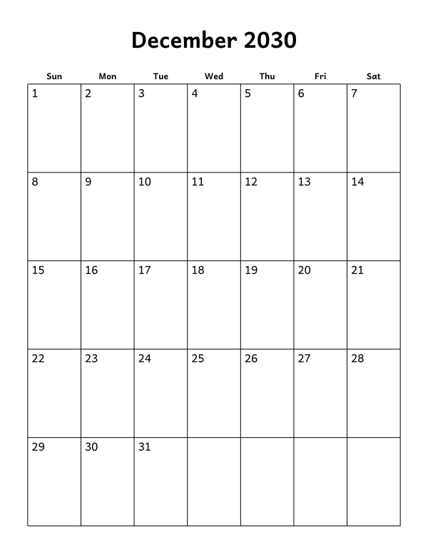 Printable December 2030 calendar, blank layout, week starting Sunday