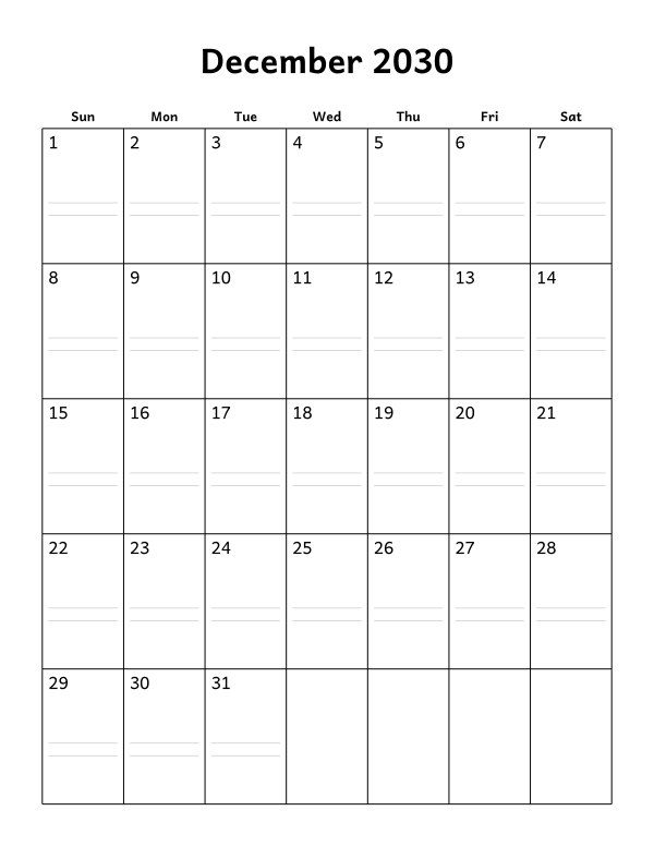 Printable December 2030 calendar, notes layout, week starting Sunday