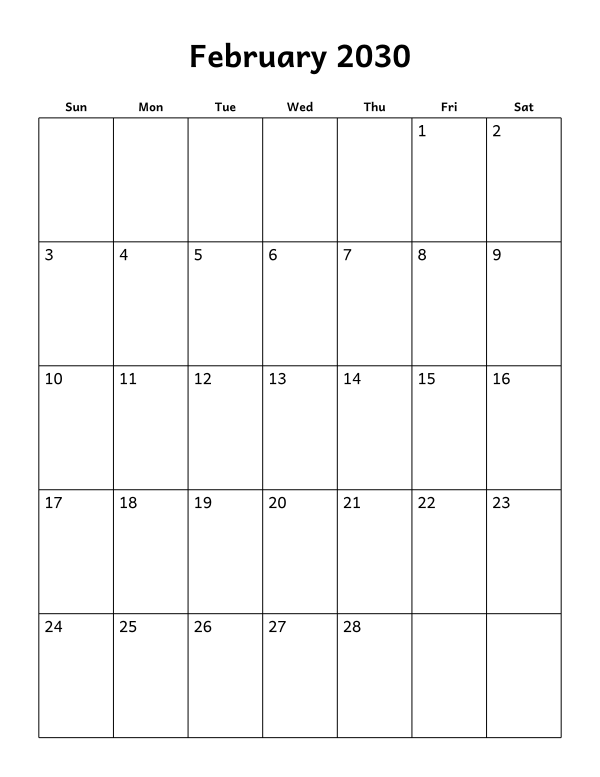 Printable February 2030 calendar, blank layout, week starting Sunday