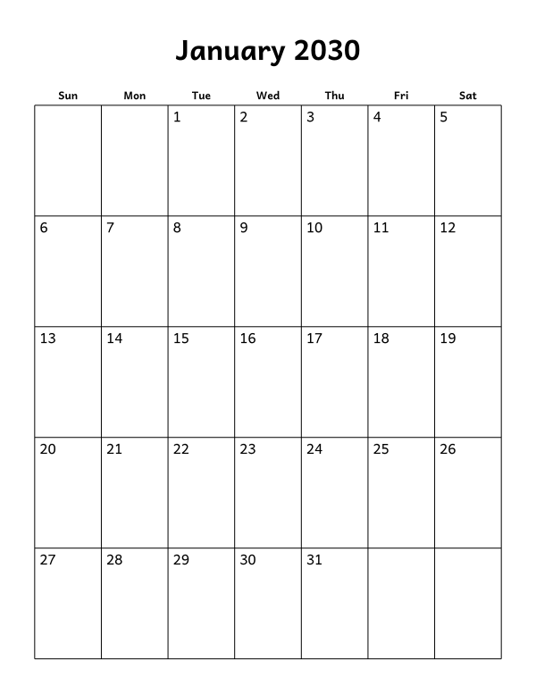 Printable January 2030 calendar, blank layout, week starting Sunday