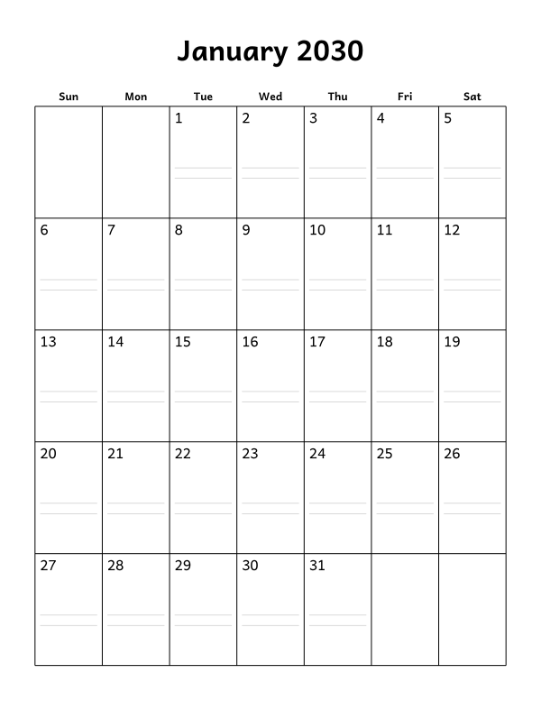 Printable January 2030 calendar, notes layout, week starting Sunday