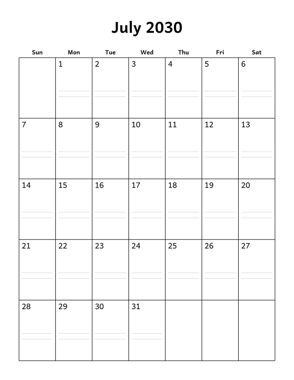 Printable July 2030 calendar, notes layout, week starting Sunday