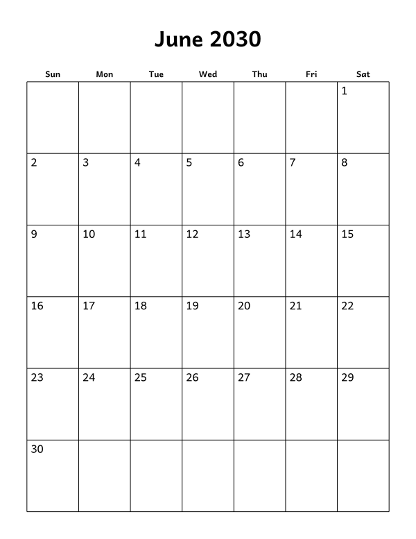 Printable June 2030 calendar, blank layout, week starting Sunday