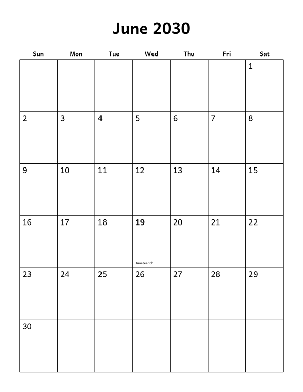 Printable June 2030 calendar, holidays layout, week starting Sunday