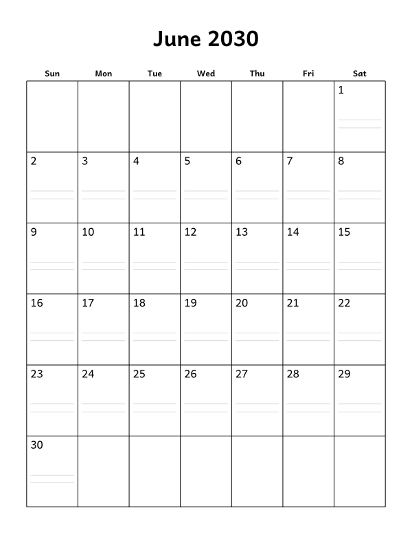 Printable June 2030 calendar, notes layout, week starting Sunday