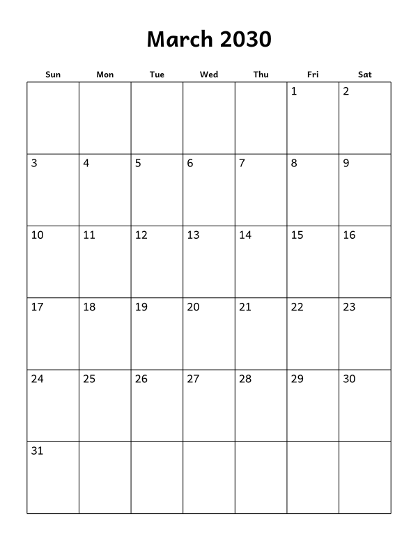 Printable March 2030 calendar, blank layout, week starting Sunday