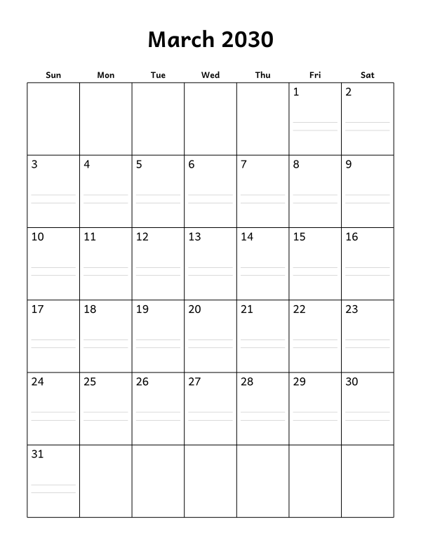Printable March 2030 calendar, notes layout, week starting Sunday