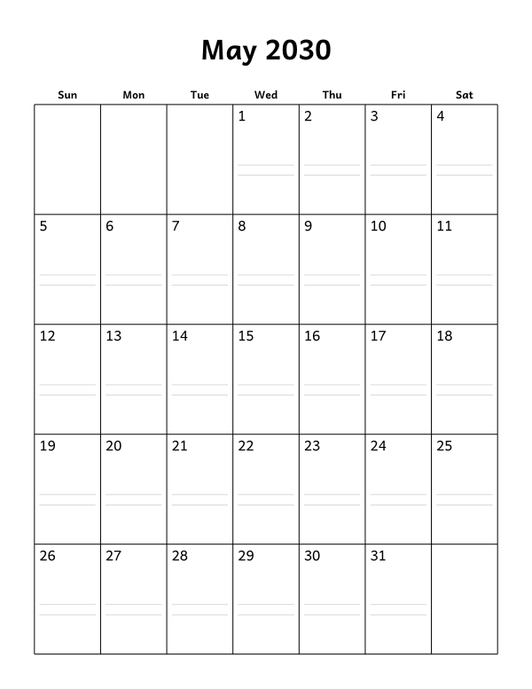 Printable May 2030 calendar, notes layout, week starting Sunday