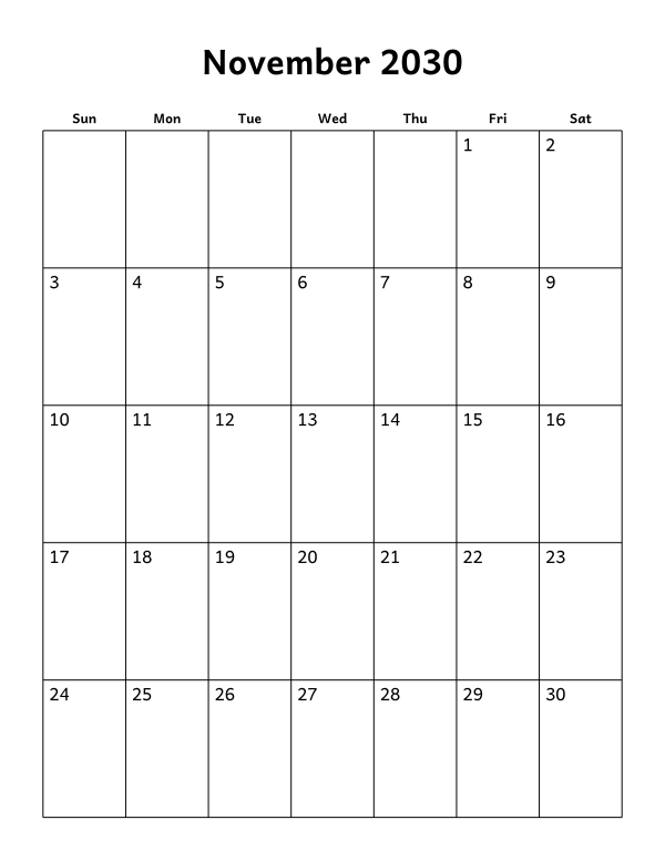 Printable November 2030 calendar, blank layout, week starting Sunday