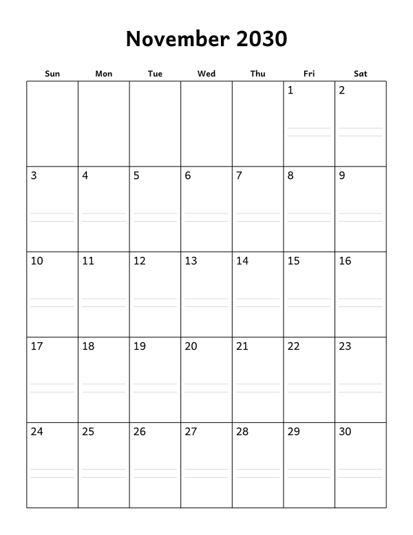 Printable November 2030 calendar, notes layout, week starting Sunday