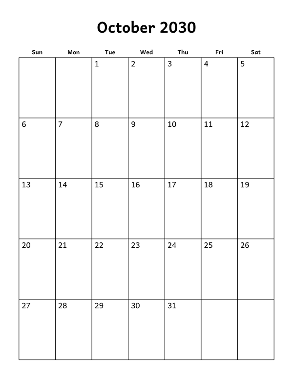 Printable October 2030 calendar, blank layout, week starting Sunday